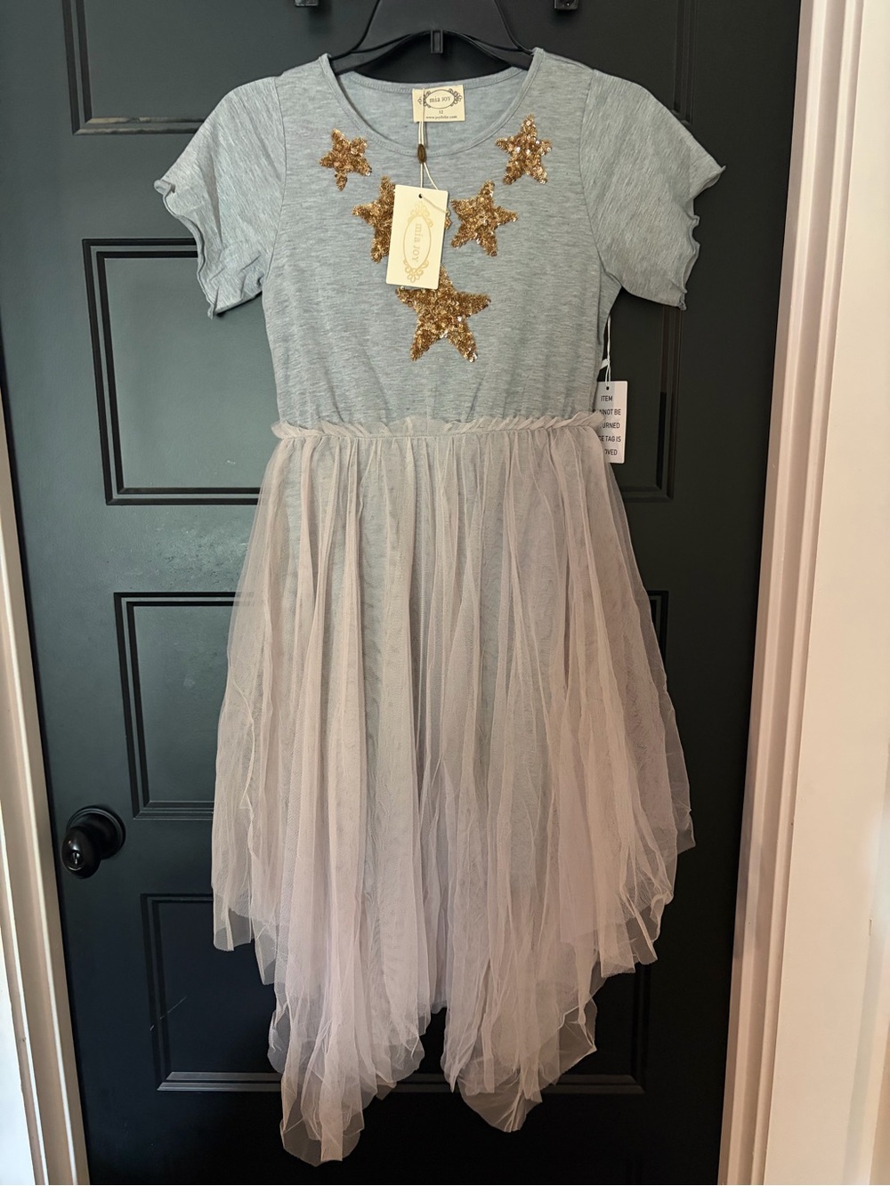 Girls Joyfolie Mia Joy Grey Star Tulle Dress with Gold Sequin Accents